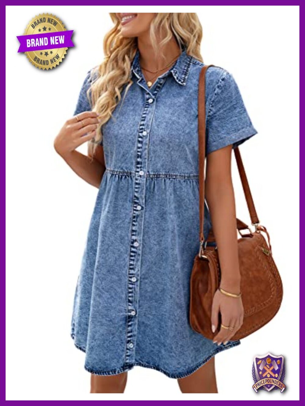 Denim Babydoll Dress Women Short Sleeve Button Down High Low Jean Dress
